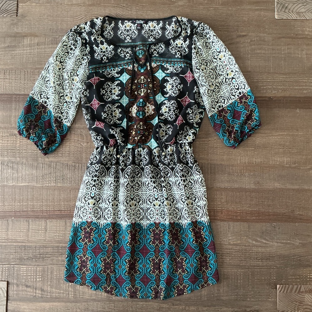BeBop Womens Multicolor Batik Print Balloon Sleeve A-Line Dress Size Small